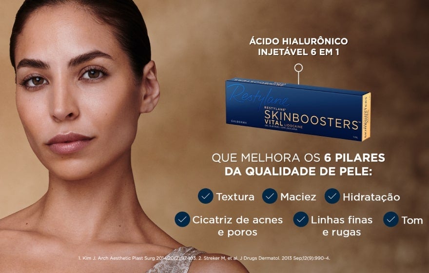 Anúncio de Restylane® Skinboosters™ Vital Lidocaine. Mulher de pele clara em close-up. Caixa azul do produto com texto 