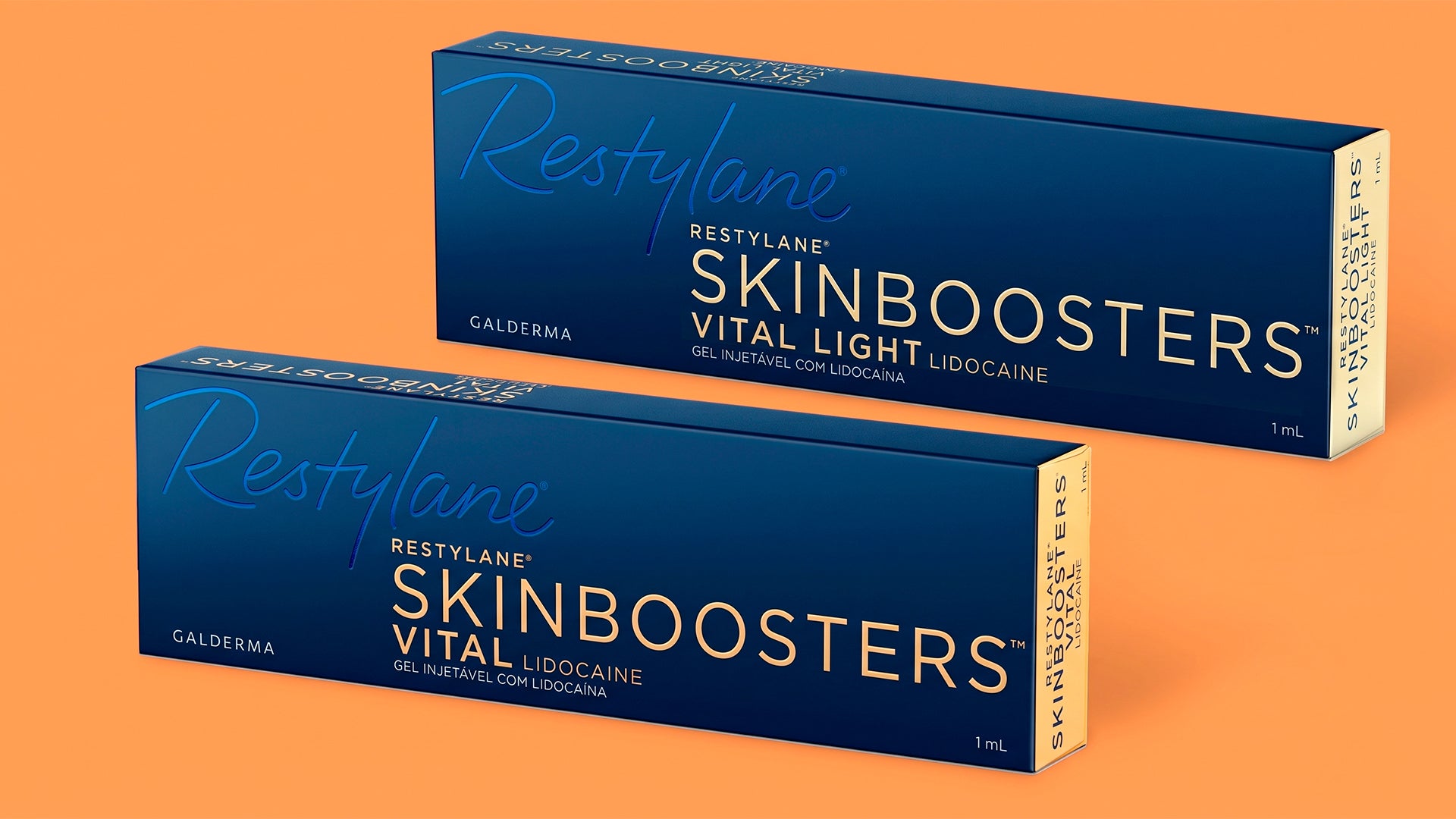 Embalagem azul escura de Restylane Lyft Lidocaine da Galderma, com a inscrição Gel Injetável com Lidocaína 1 mL.