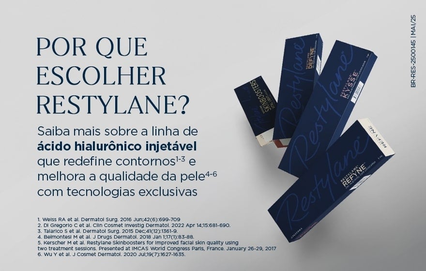 Caixas de Restylane em fundo cinza. Texto: "POR QUE ESCOLHER RESTYLANE? Saiba mais sobre a linha de ácido hialurônico injetável que redefine contornos e melhora a qualidade da pele."