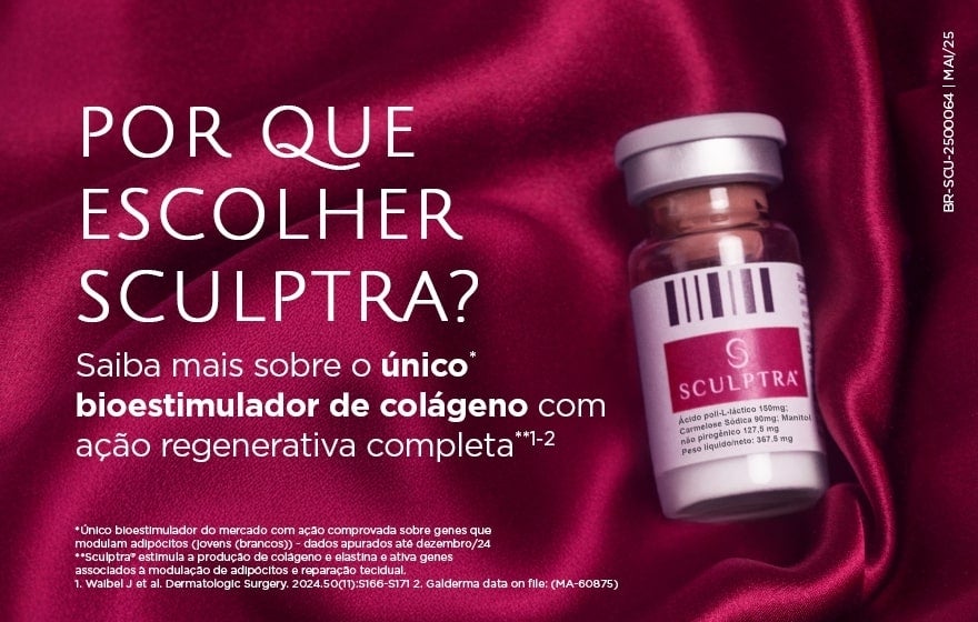 Frasco de Sculptra em fundo de seda vermelha. Texto: "POR QUE ESCOLHER SCULPTRA? Saiba mais sobre o único bioestimulador de colágeno com ação regenerativa completa."