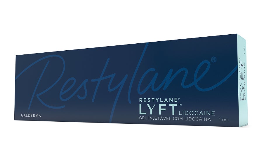 Embalagem azul escura de Restylane Lyft Lidocaine da Galderma, com a inscrição Gel Injetável com Lidocaína 1 mL.