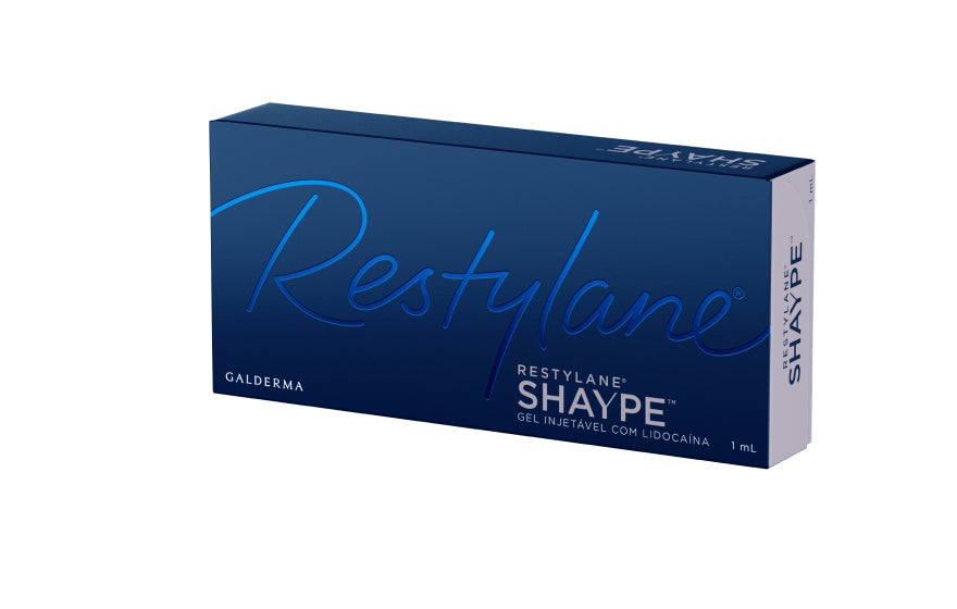Caixa azul escura de Restylane Shaype da Galderma, com a inscrição Gel Injetável com Lidocaína 1 mL.